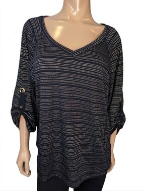 Ellen Tracy Gold Metallic Striped Roll Tab Blouse Long Sleeve Black Top Size XL